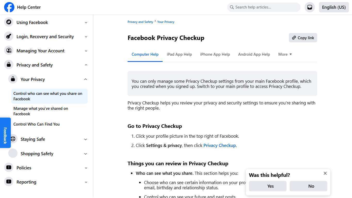 Facebook Privacy Checkup | Facebook Help Center