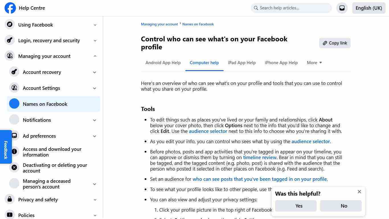 Control who can see what's on your Facebook profile | Facebook Help Centre