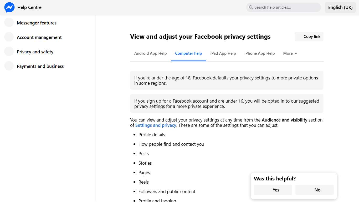 View and adjust your Facebook privacy settings | Messenger Help Centre